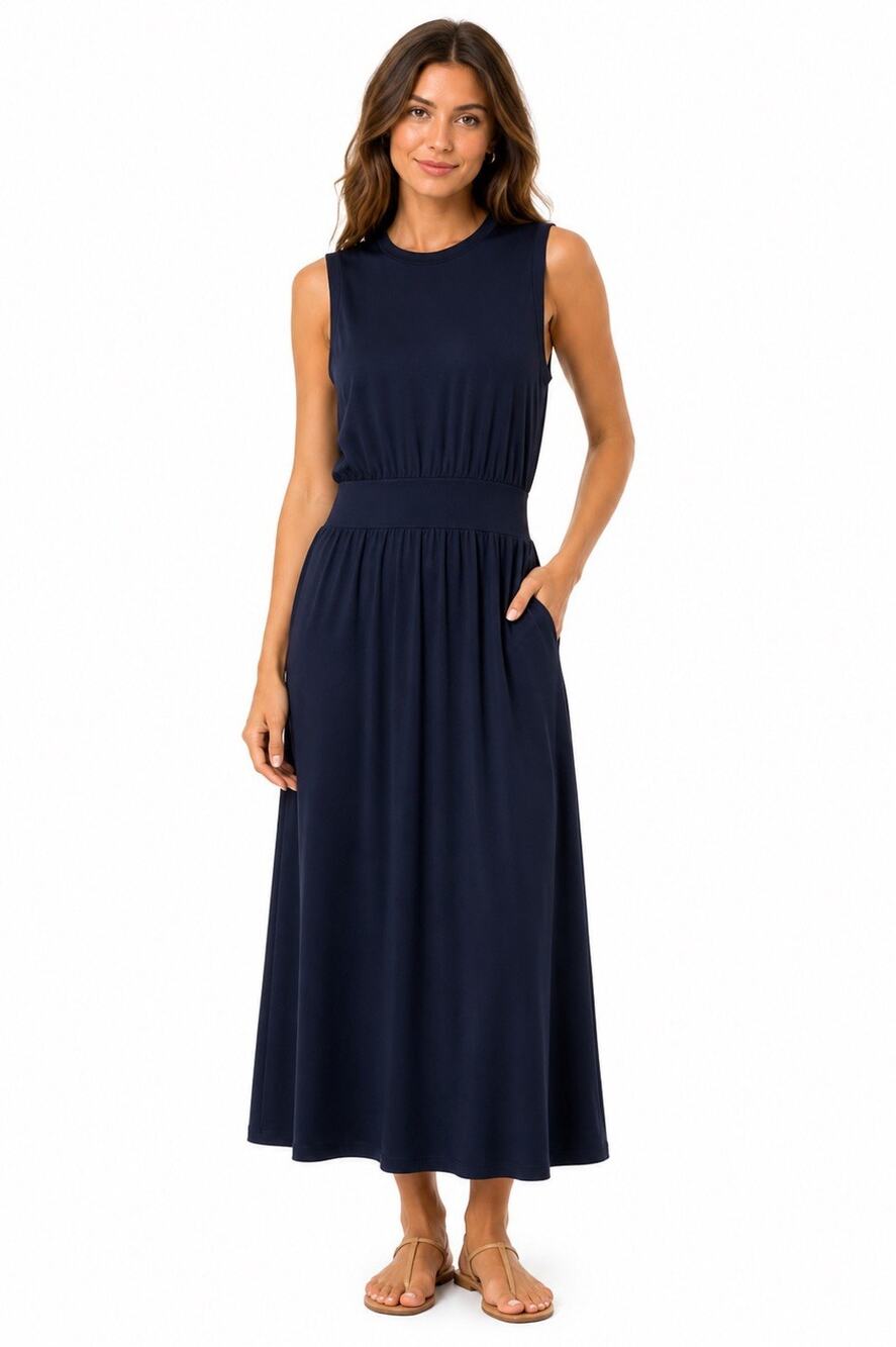 Theory Lewie Drapey Piqué Sleeveless Maxi Dress- Navy